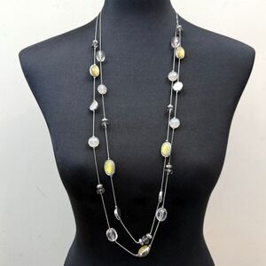 NY Long Layered Acrylic Beaded Necklace Silver Tone Fashion Costume Jewelry 18in